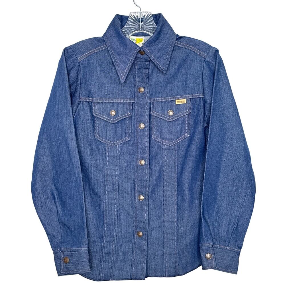 Vintage 1970's Sears Toughskins Lemon Frog Denim Snap dagger collar shirt XS